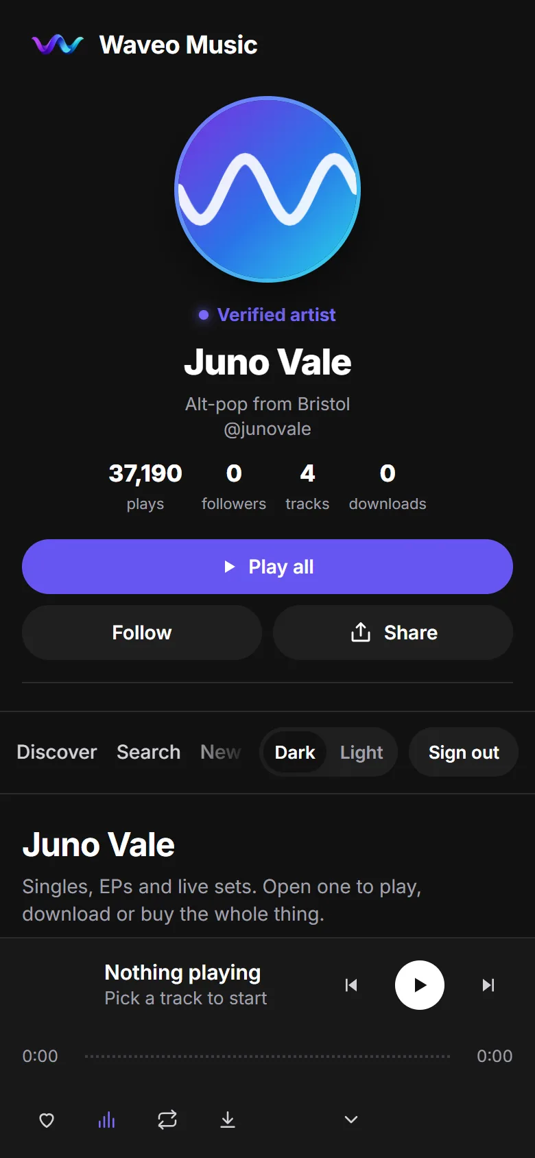 An artist page on a phone for Juno Vale, alt-pop from Bristol, with Play all, Follow and Share buttons.