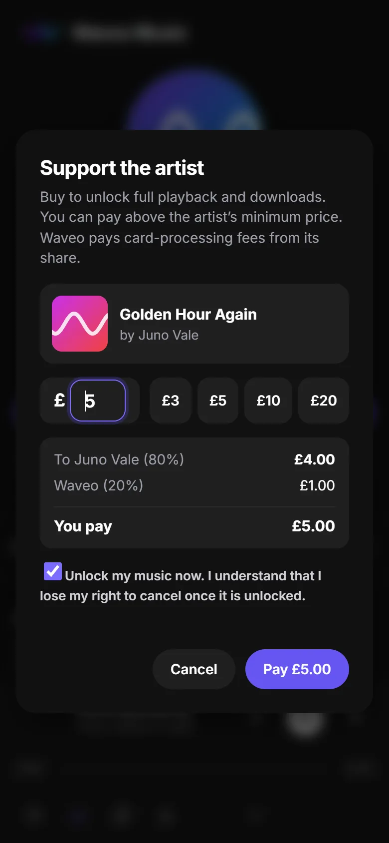 Checkout on a phone, paying £5.00: £4.00 to Juno Vale (80%) and £1.00 to Waveo (20%), with a ticked box to unlock the music straight away.