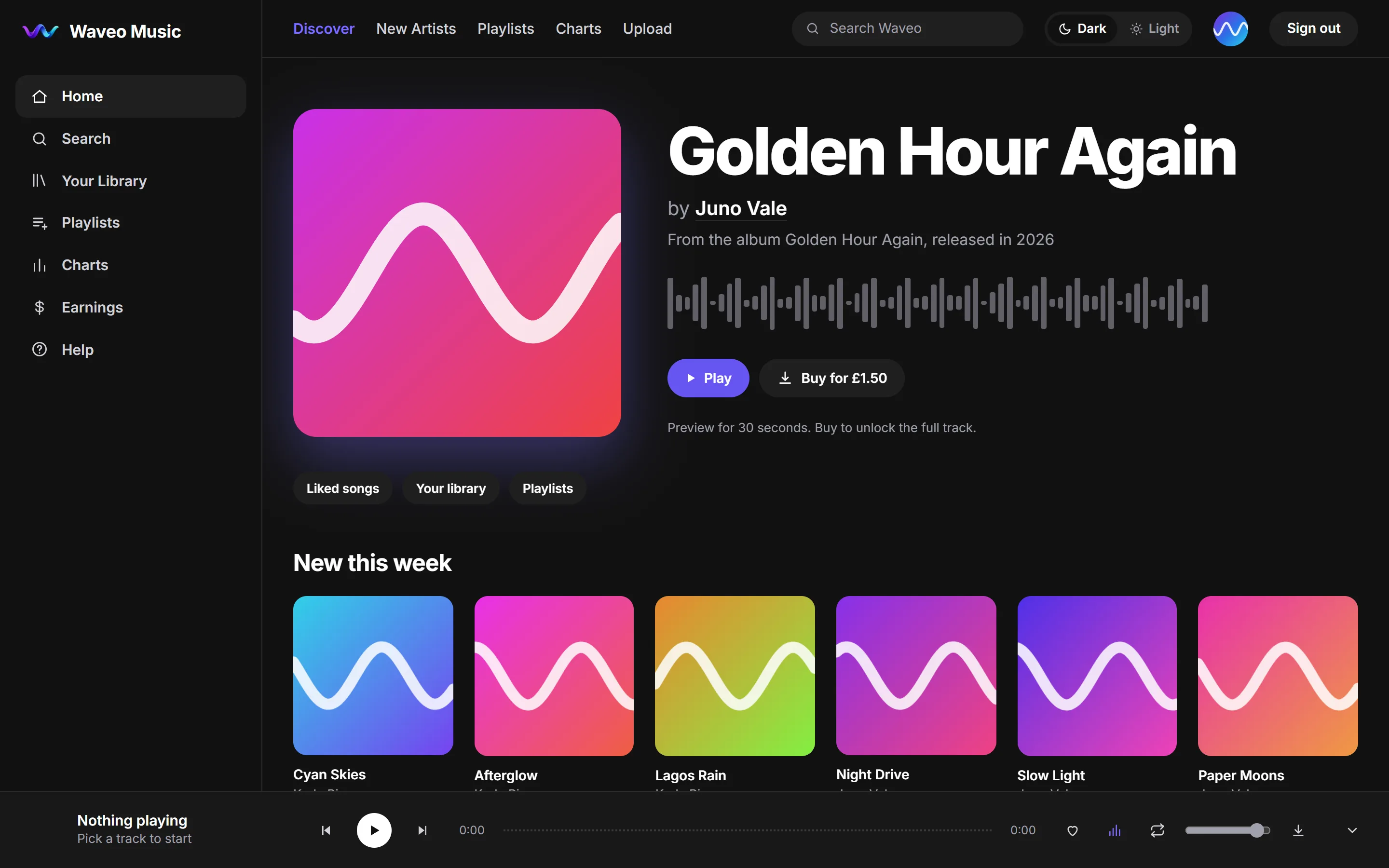 Waveo on a computer: the Discover page, featuring the song Golden Hour Again by example artist Juno Vale, with Play and Buy for £1.50 buttons and a row of new releases below.