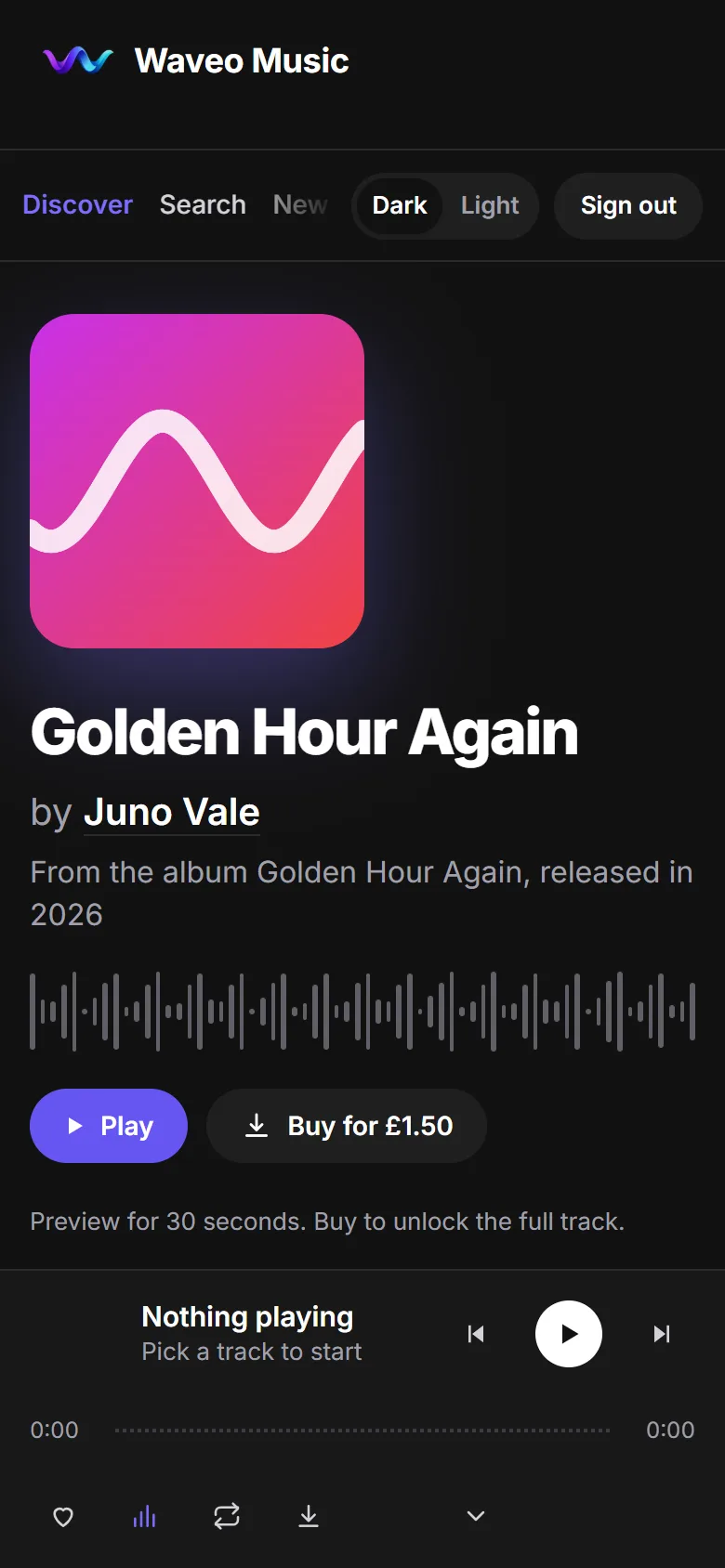 Discover on a phone: Golden Hour Again by Juno Vale, a Play button, a Buy for £1.50 button, and the note: Preview for 30 seconds. Buy to unlock the full track.