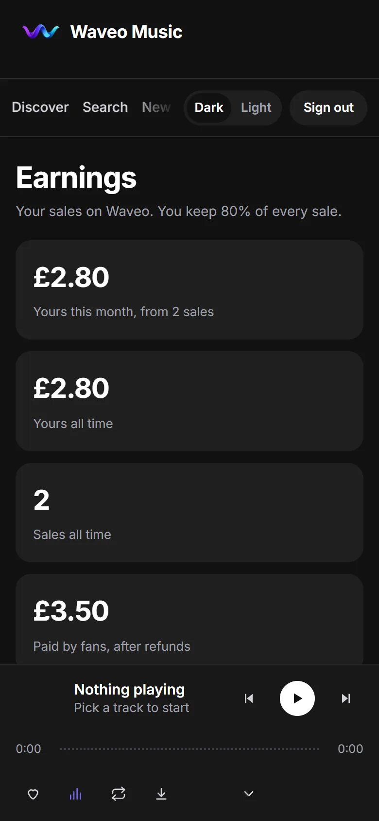 The artist's Earnings page on a phone: £2.80 earned this month from 2 sales, with £3.50 paid by fans.