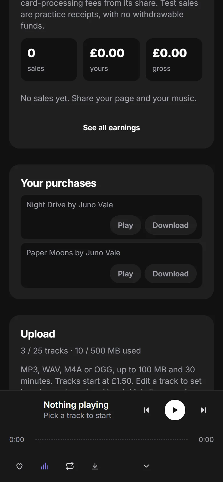 Your purchases on a phone: Night Drive and Paper Moons by Juno Vale, each with Play and Download buttons.